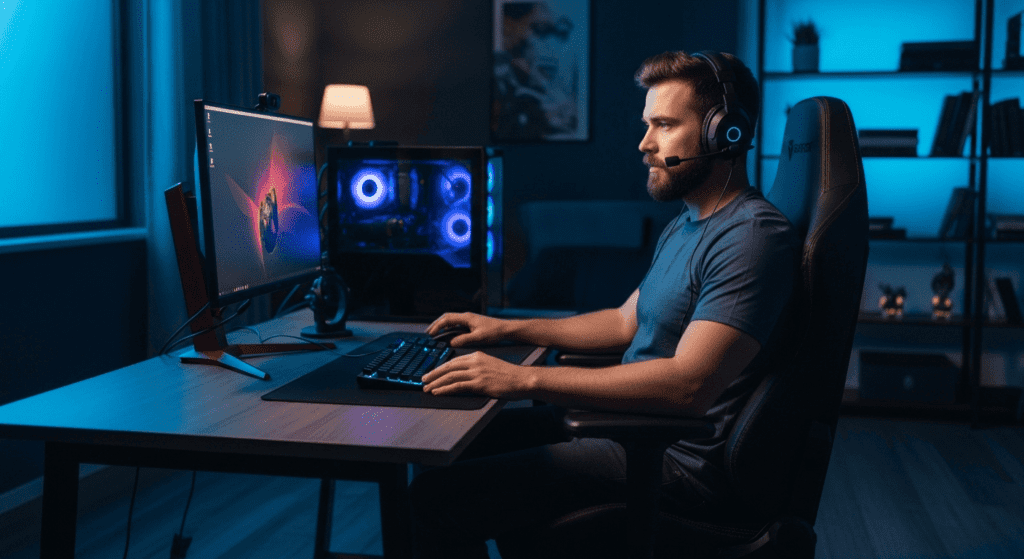 Setup gamer completo com PC e monitor iluminados, destacando a importância de uma cadeira gamer ergonômica para o conforto.
