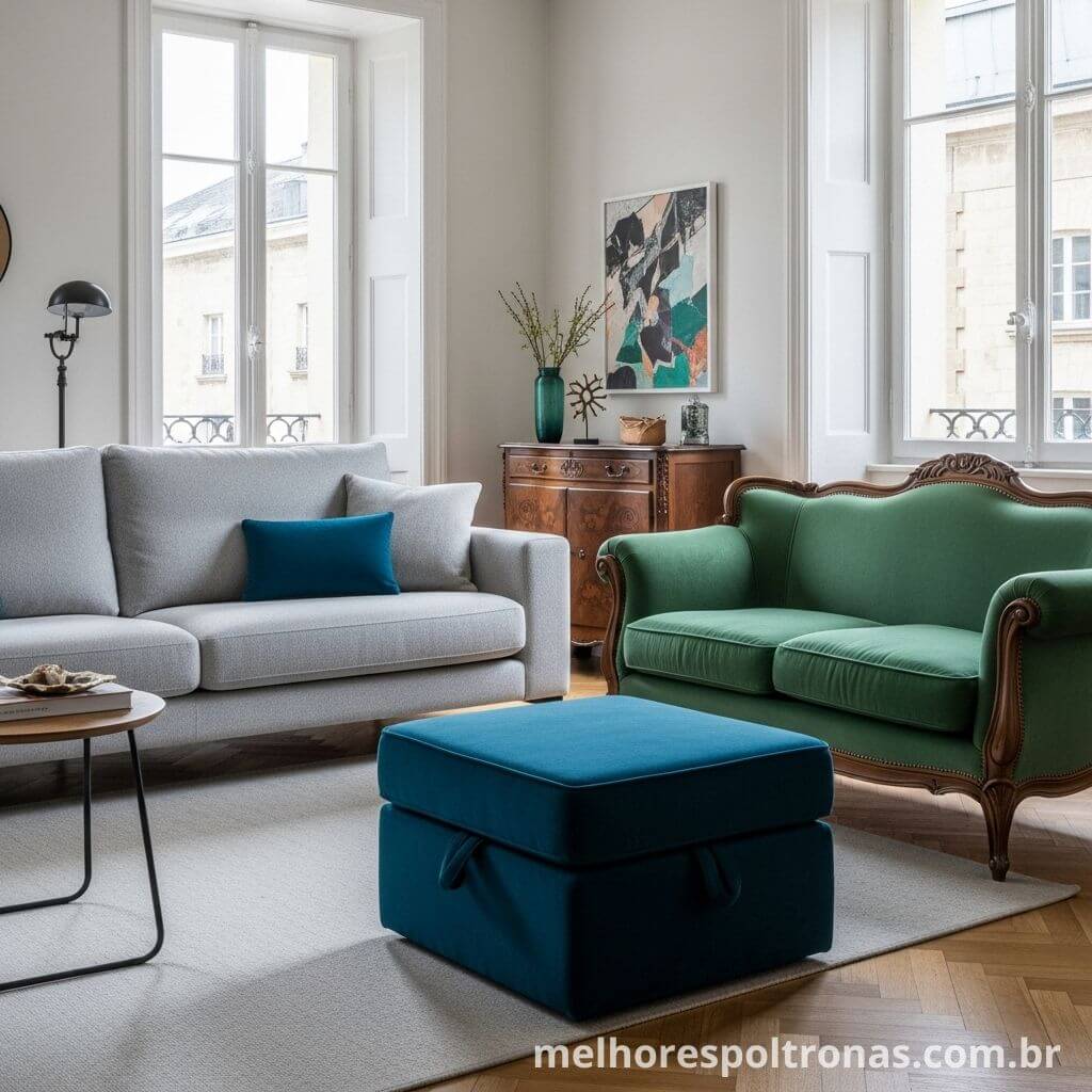 Sala de estar com sofá cinza e poltrona clássica verde, unidos por um puff azul que conecta as cores.