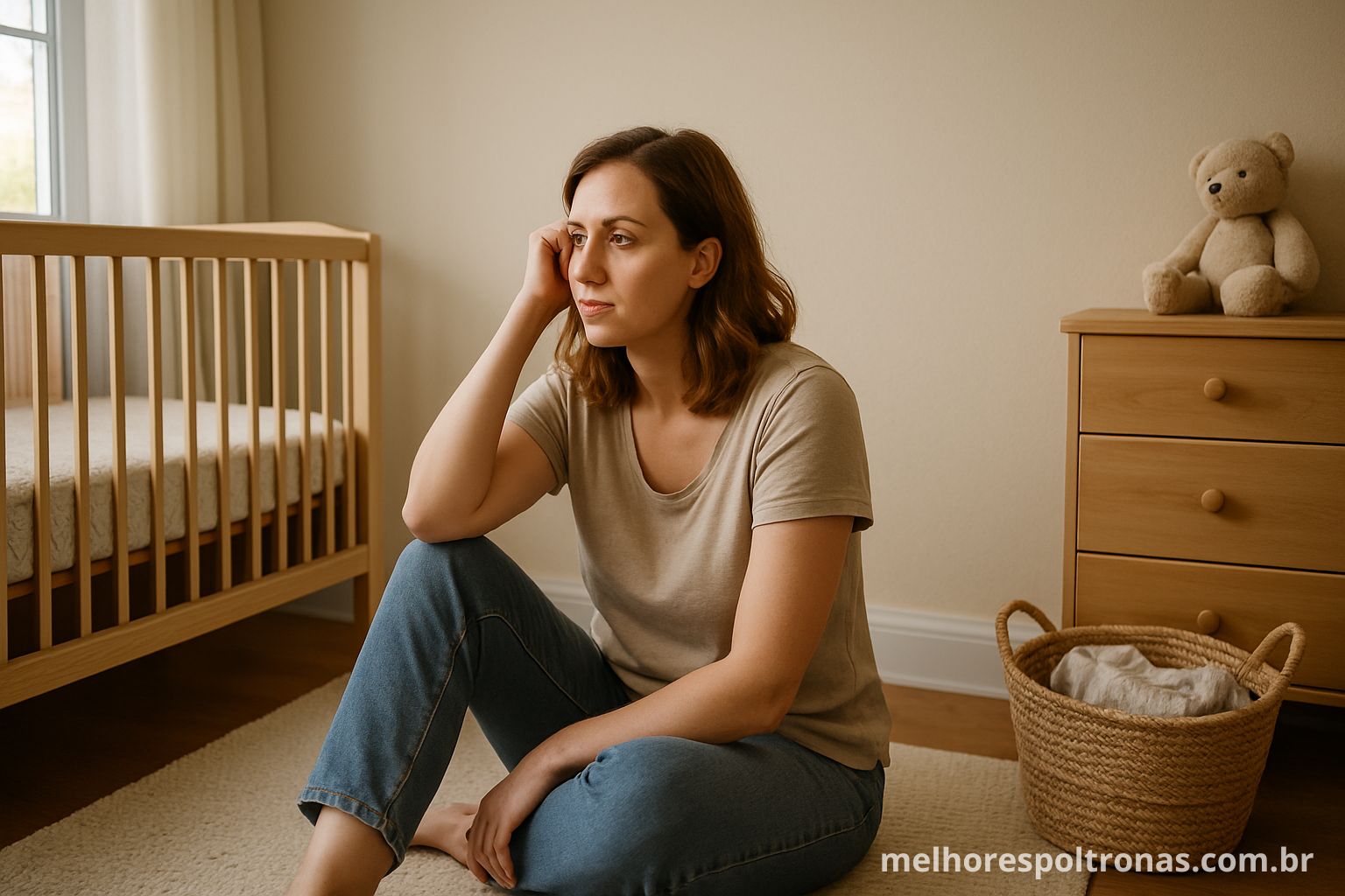 Mãe pensativa no quarto do bebê, decidindo se vale a pena comprar uma poltrona de amamentação para seu conforto e saúde.