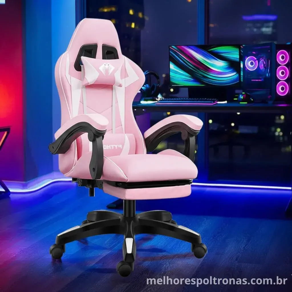 A cadeira gamer rosa mais vendida e bem avaliada, com almofadas de suporte lombar e cervical, a melhor em custo-benefício.