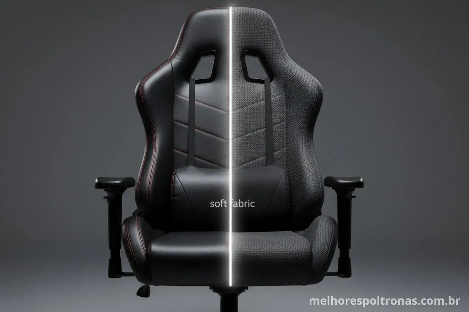 Comparativo visual entre uma cadeira gamer de tecido e uma de couro PU, mostrando a diferença de textura e acabamento.
