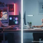 Comparativo lado a lado entre um gamer em uma cadeira gamer e um profissional em uma cadeira de escritório, mostrando a diferença de uso.