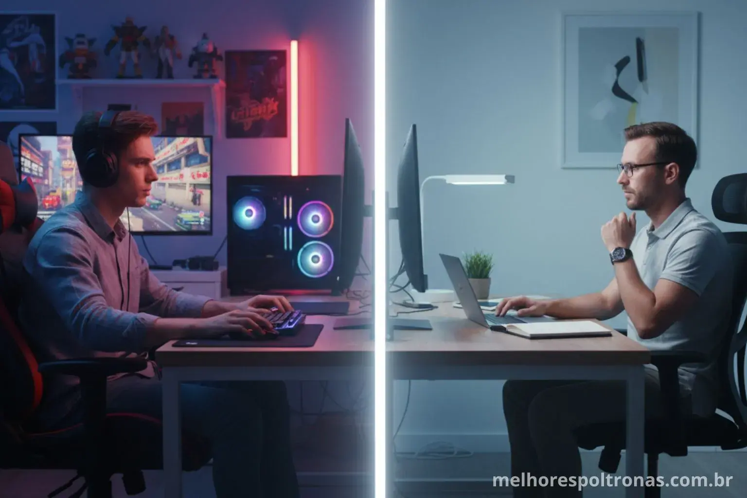 Comparativo lado a lado entre um gamer em uma cadeira gamer e um profissional em uma cadeira de escritório, mostrando a diferença de uso.