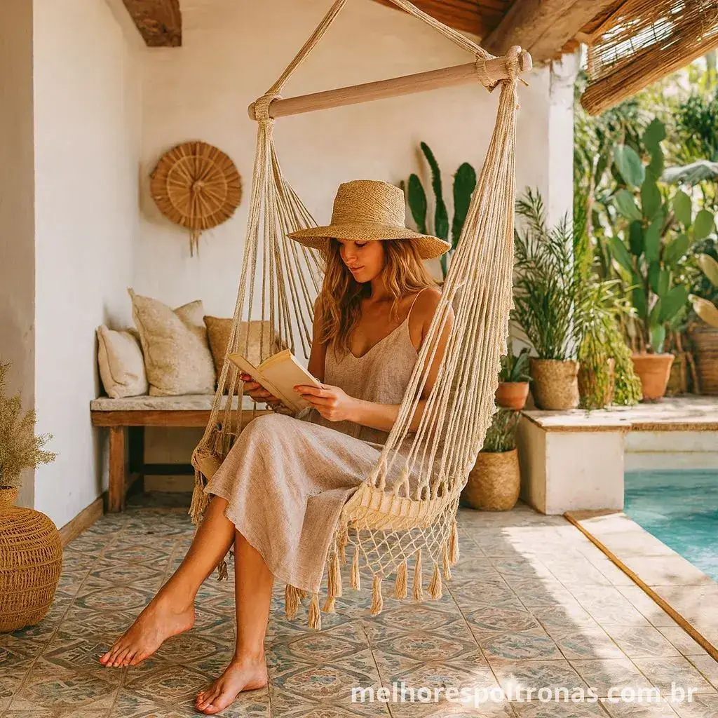 Cadeira suspensa de balanço em cordas, a opção de design "boho chique" para criar um refúgio de relaxamento.