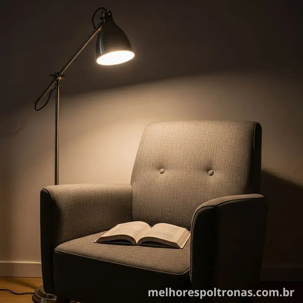 Um canto de leitura aconchegante com uma poltrona de tecido cinza e uma luminária de piso focada em um livro aberto.