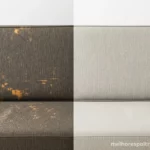 Imagem de antes e depois mostrando como limpar um sofá de tecido, com metade suja e metade perfeitamente limpa.
