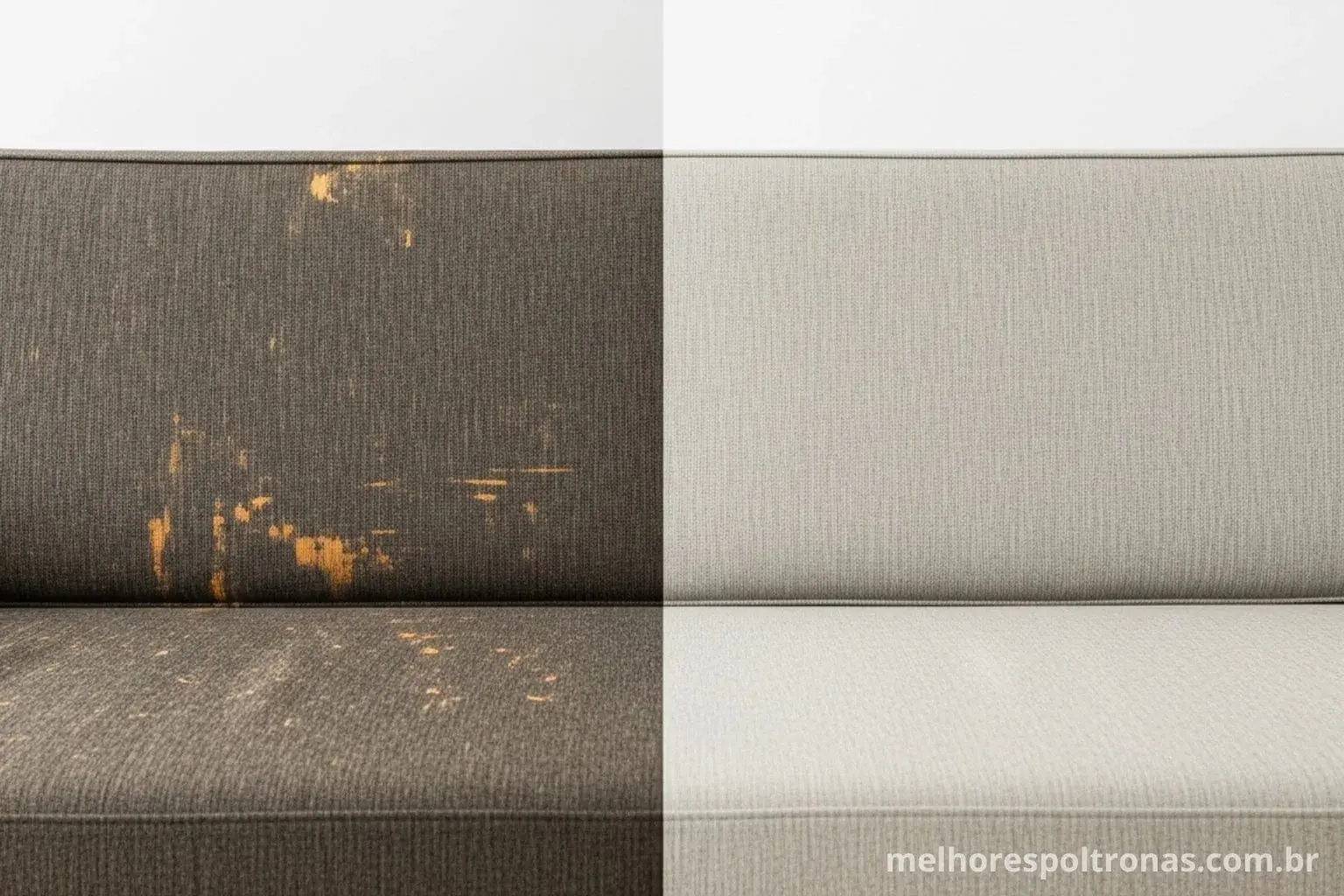 Imagem de antes e depois mostrando como limpar um sofá de tecido, com metade suja e metade perfeitamente limpa.