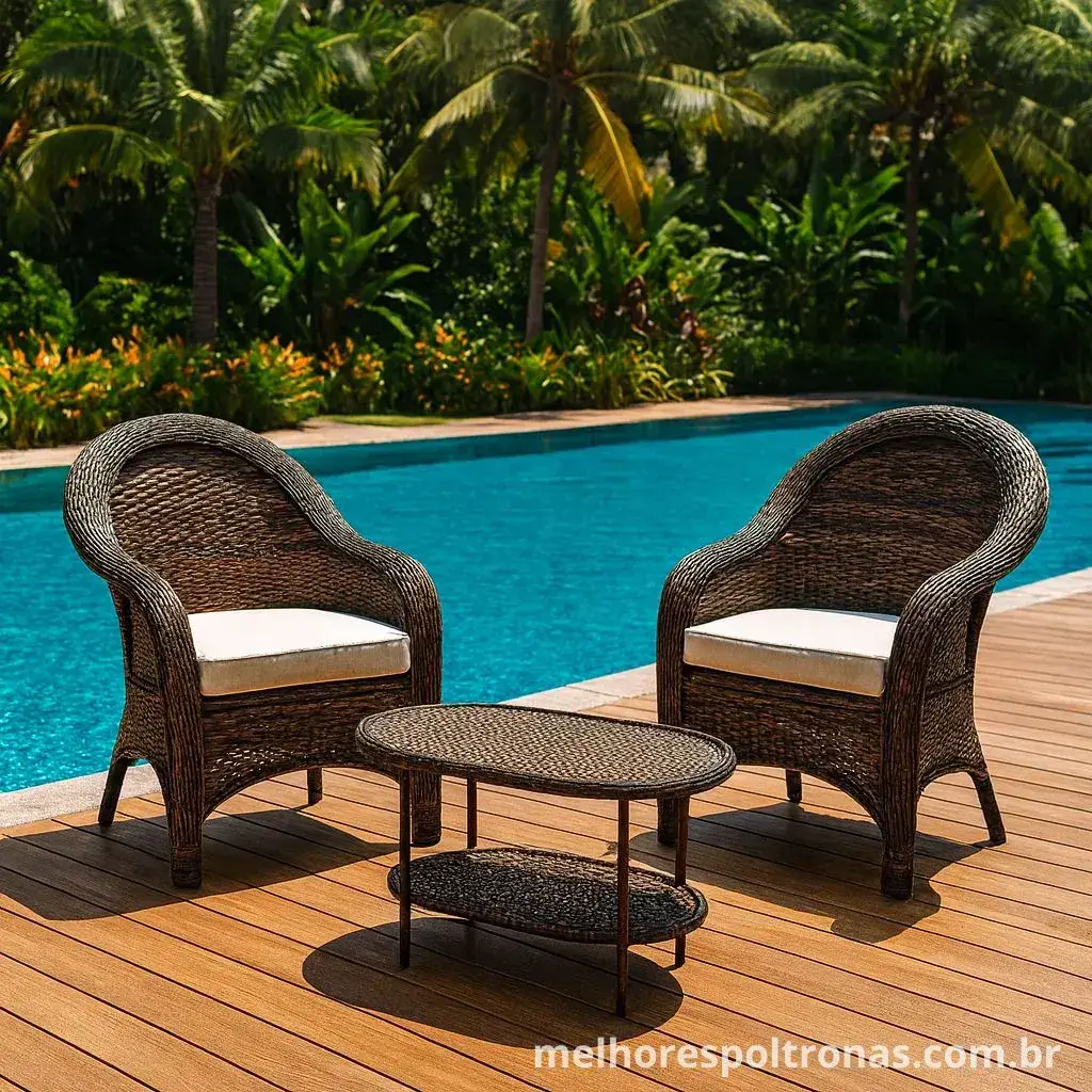 Conjunto de poltronas de fibra sintética (vime) para área de piscina, a opção clássica e mais resistente ao tempo.