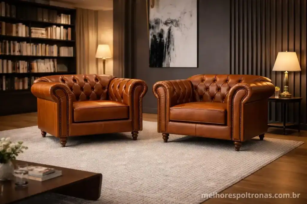Conjunto de poltronas Chesterfield em couro caramelo em sala de estar elegante, com design clássico, capitonê e acabamento sofisticado
