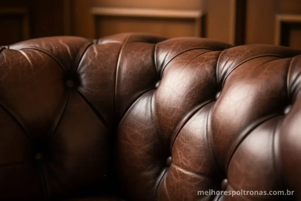 Close-up nos detalhes de uma poltrona de couro Chesterfield, mostrando a textura e o trabalho de capitonê.