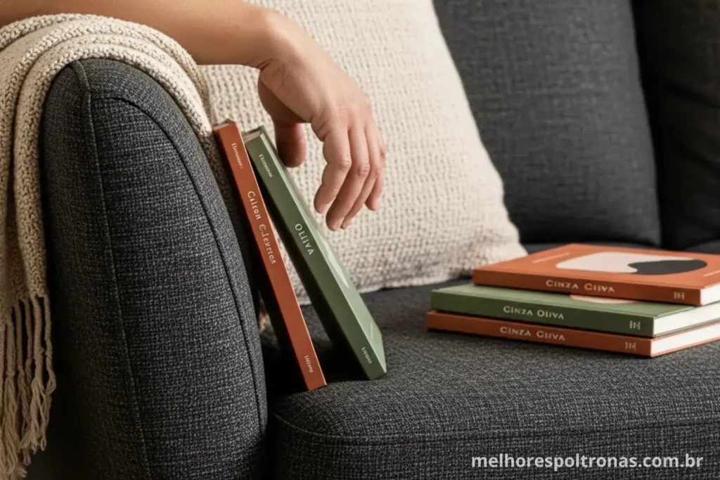 Close-up em uma manta e livros sobre um sofá, simbolizando os detalhes que transformam um canto em um refúgio aconchegante.