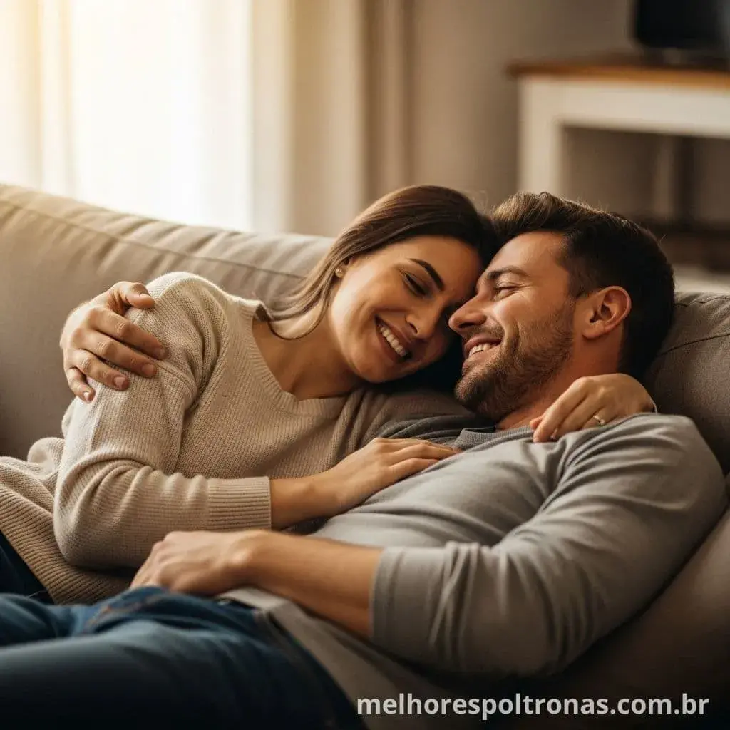 Casal feliz relaxando em um sofá confortável, a escolha do mês do nosso guia sobre o melhor sofá para a família.