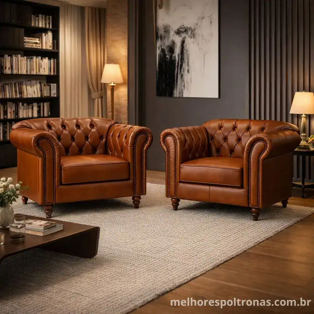 Kit com duas poltronas Chesterfield em couro caramelo com pés de madeira, design clássico e acabamento sofisticado para sala de estar elegante