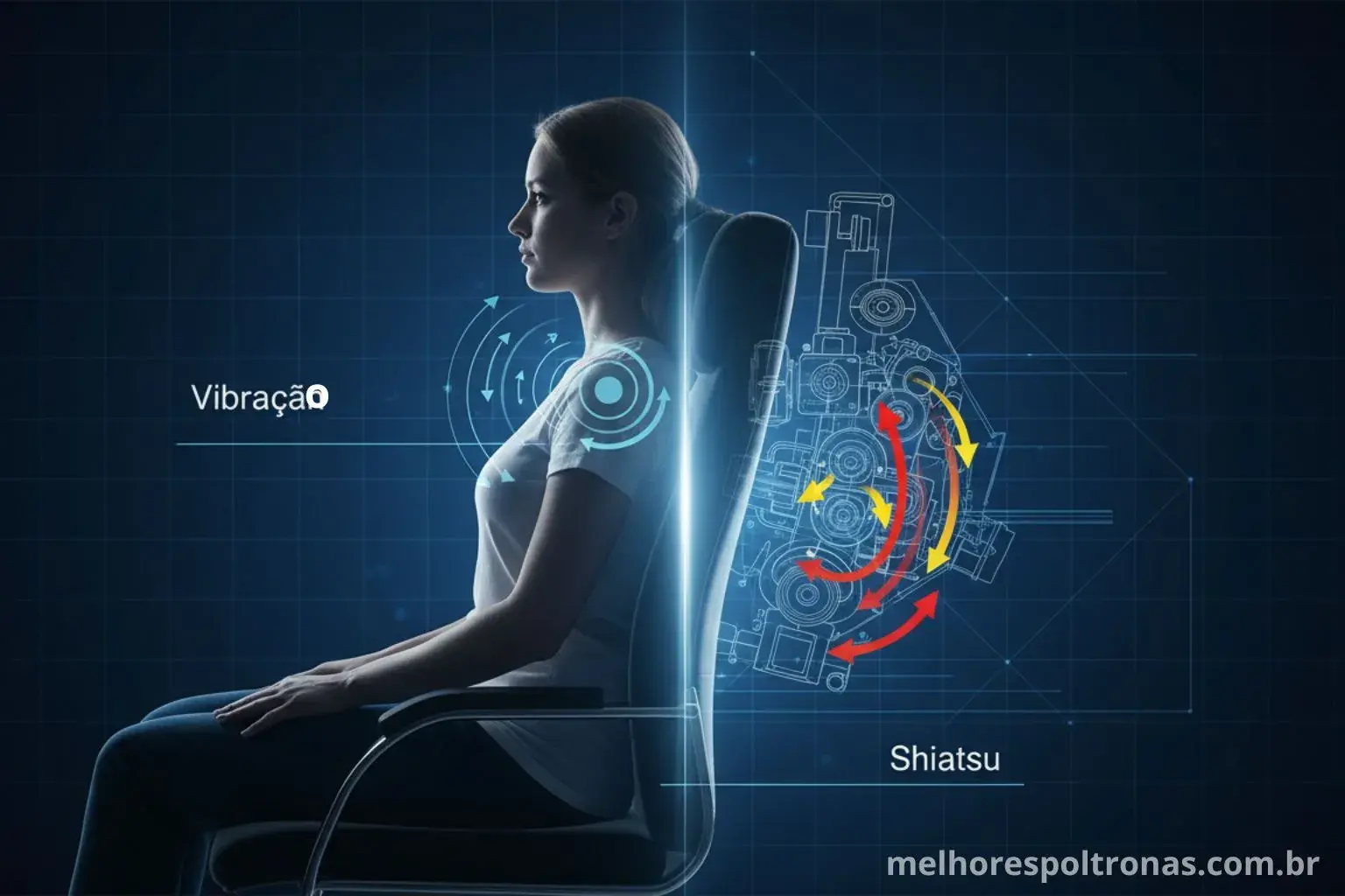 Comparativo técnico mostrando a diferença entre a massagem Shiatsu, com roletes profundos, e a massagem por vibração, mais superficial.