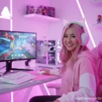 Streamer feliz em sua cadeira gamer rosa, em um setup feminino com iluminação neon, o guia completo de 2025.