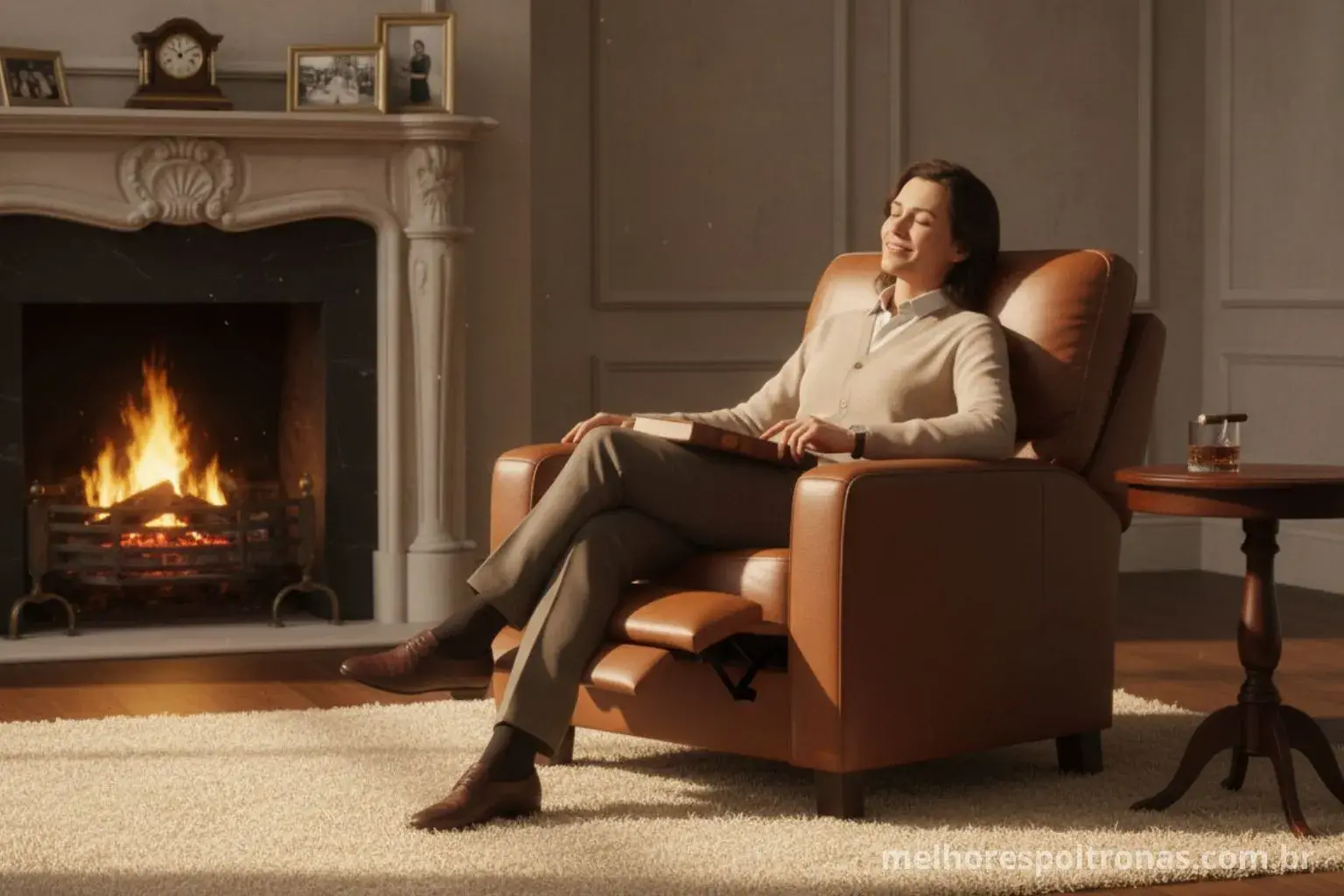 Mulher relaxando na melhor poltrona de couro reclinável em frente a uma lareira, o guia de investimento em conforto atemporal.