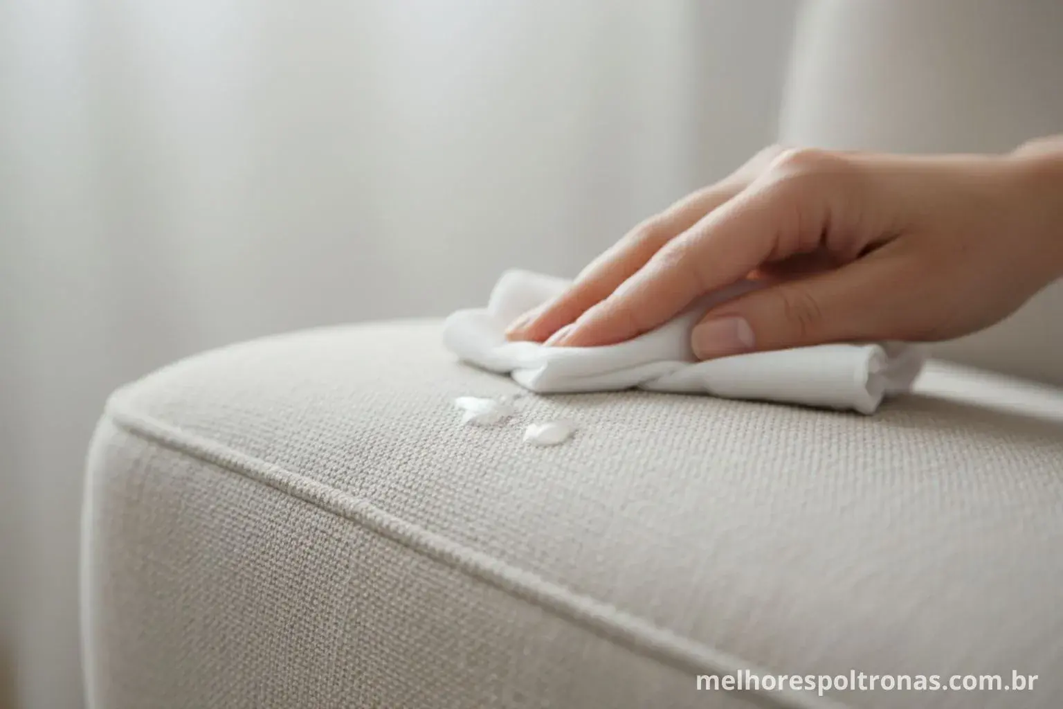 Mão limpando facilmente uma gota de leite do melhor tecido para poltrona de amamentação, um linho sintético resistente a manchas.
