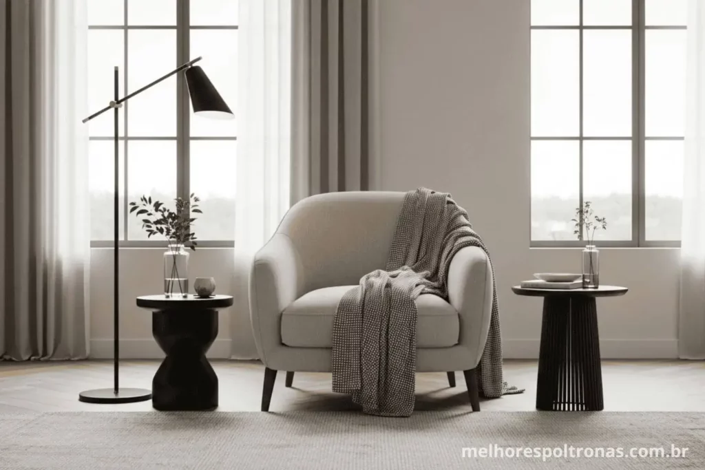 Imagem de uma poltrona elegante e moderna em uma sala minimalista, representando o guia de Melhores Poltronas de 2025.