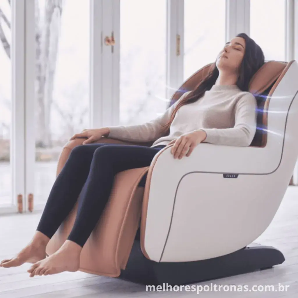 Poltrona de massagem moderna e ergonômica, com design premium e tecnologia massageadora, ideal para relaxamento em casa.