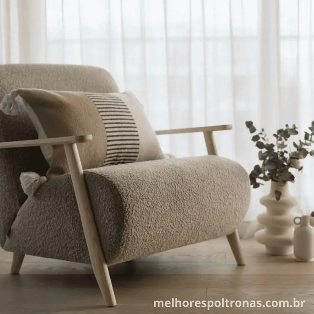Poltrona decorativa elegante com design moderno, centralizada em sala de estar sofisticada e iluminada por luz natural.