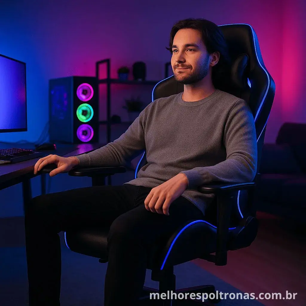 Poltrona gamer ergonômica de design premium, centralizada em estúdio iluminado com reflexo de neon, ideal para longas horas de jogo.