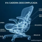 Esquema técnico de uma cadeira ergonômica, mostrando os principais pontos de ajuste como o suporte lombar e os braços 4D.