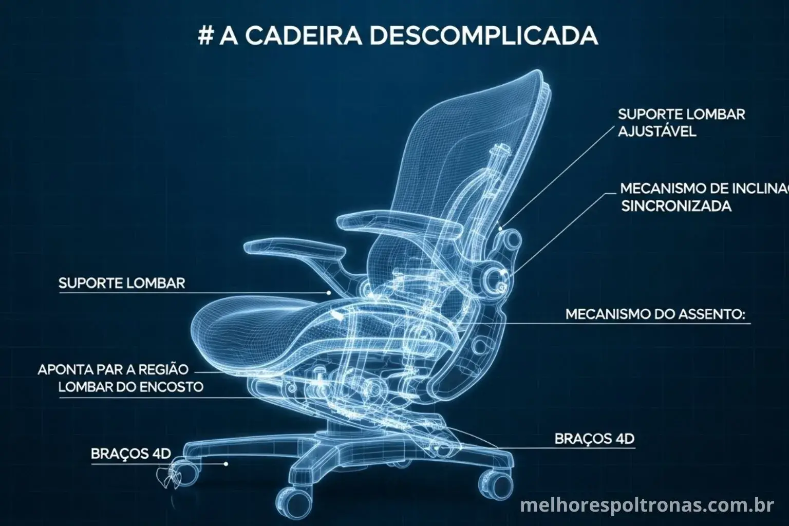 Esquema técnico de uma cadeira ergonômica, mostrando os principais pontos de ajuste como o suporte lombar e os braços 4D.