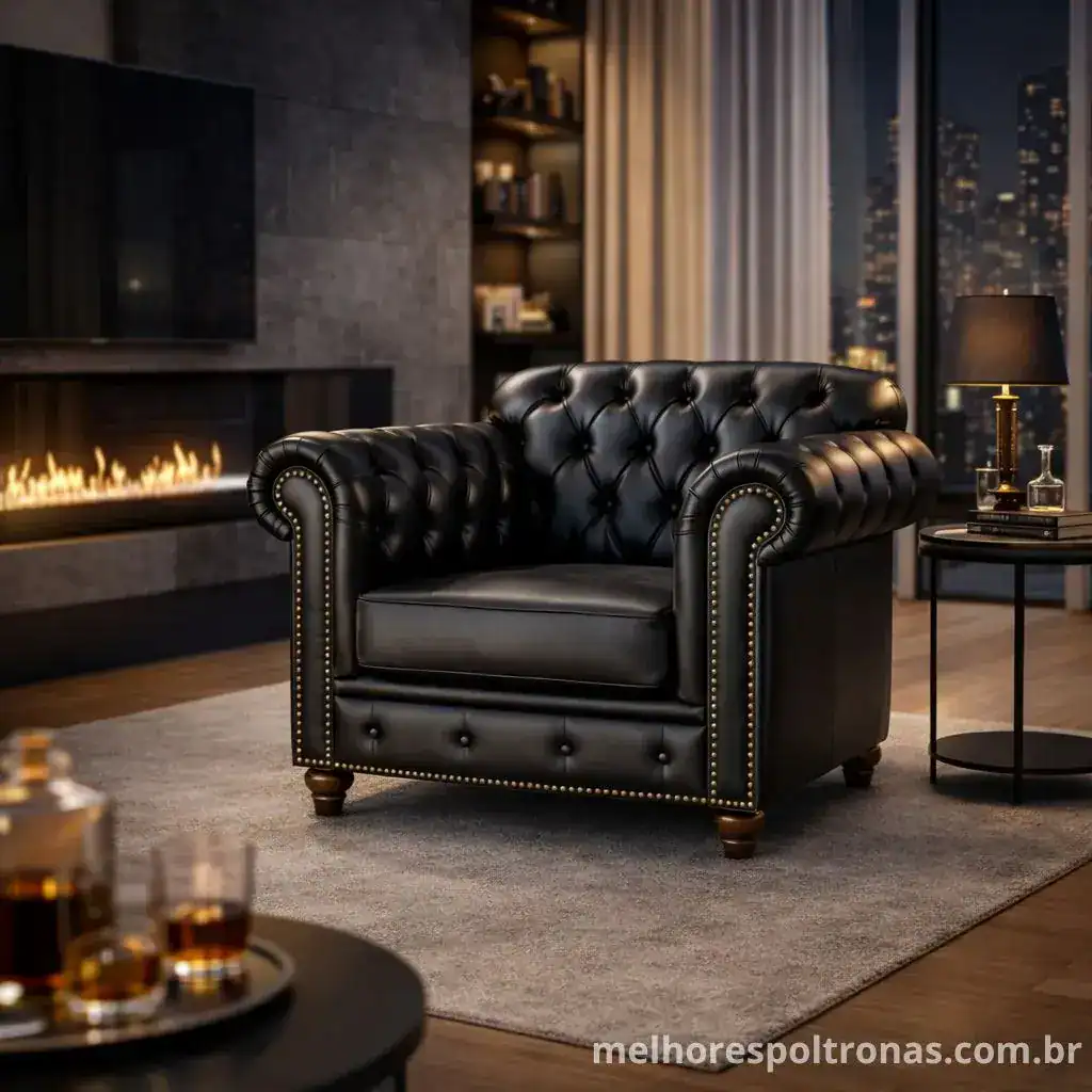 Poltrona chesterfield de couro preto com acabamento capitonê, estilo clássico e pés de madeira, ideal para salas elegantes