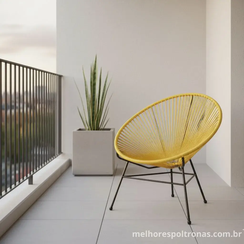 Poltrona de design colorida como ponto focal na decoração de uma sacada de apartamento neutra.