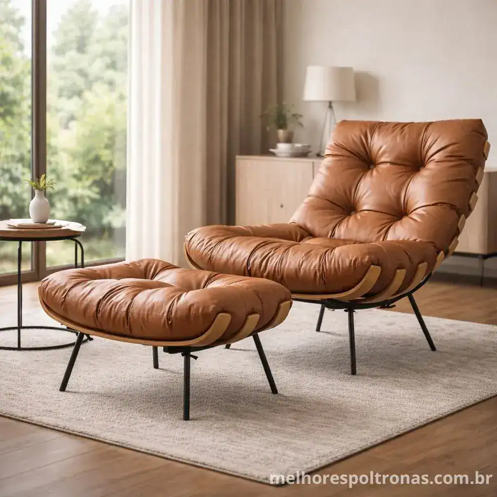 Poltrona costela em couro natural caramelo com puff, design icônico e estrutura moderna, ideal para leitura e descanso