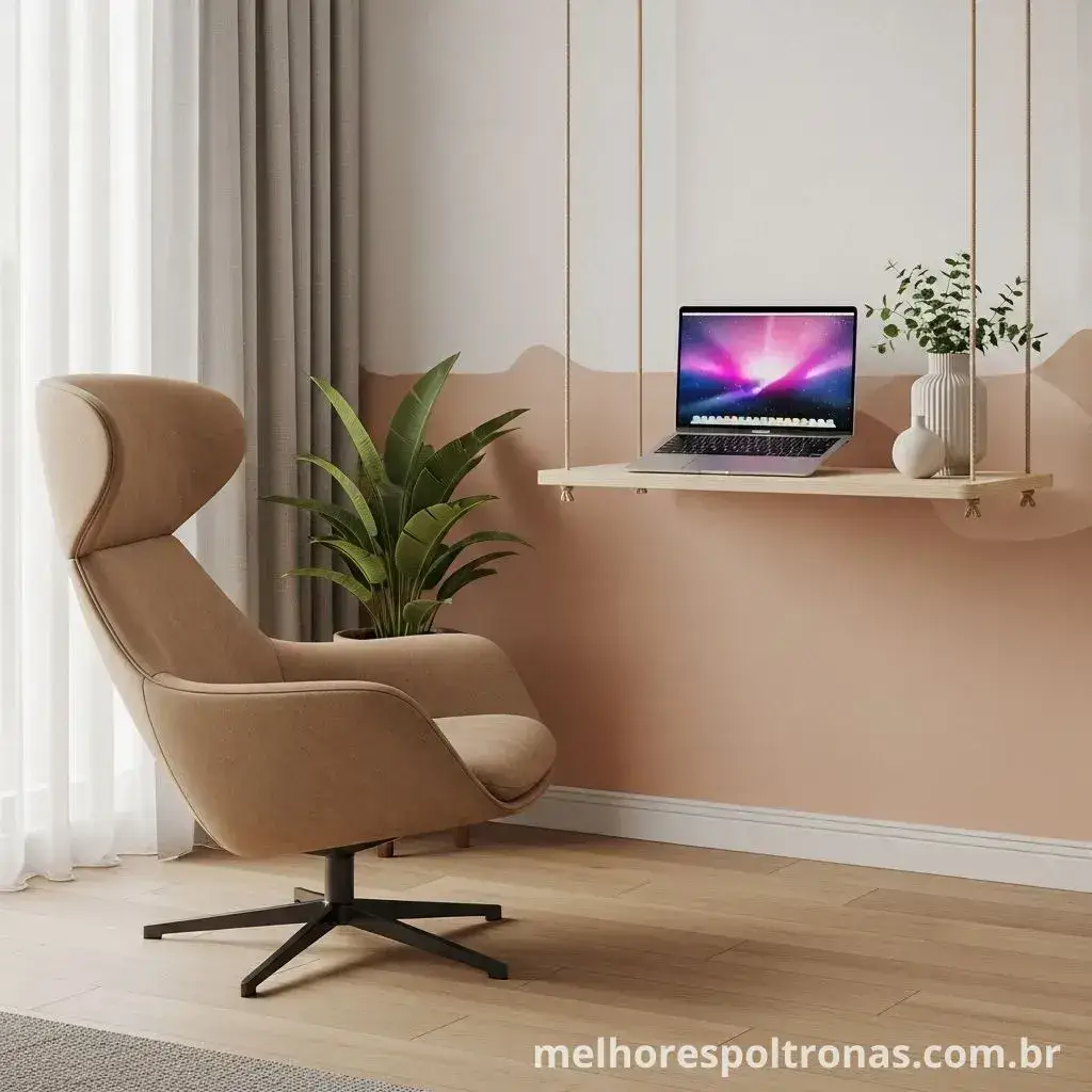 Um home office compacto criado em um canto, com uma poltrona de couro e uma escrivaninha suspensa na parede.