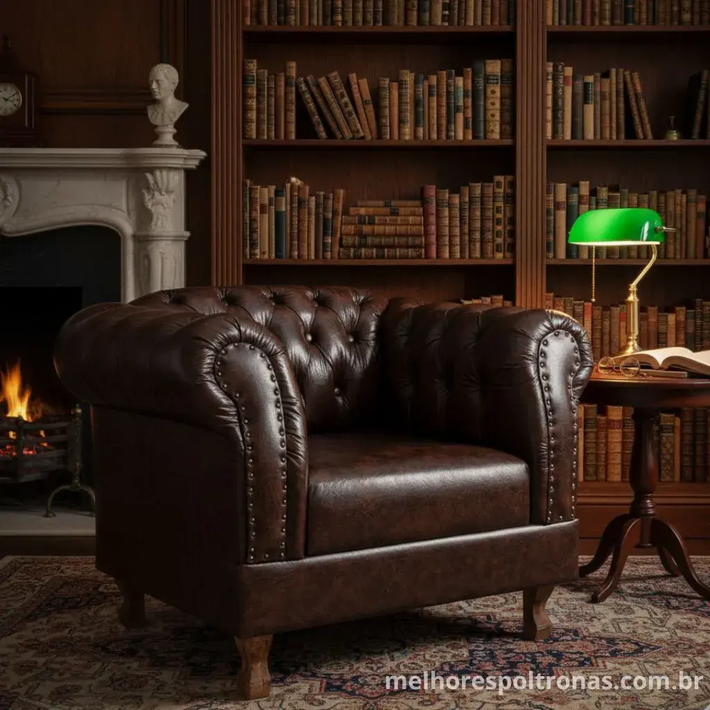Poltrona de couro Chesterfield, o modelo clássico imponente para bibliotecas e escritórios sofisticados.
