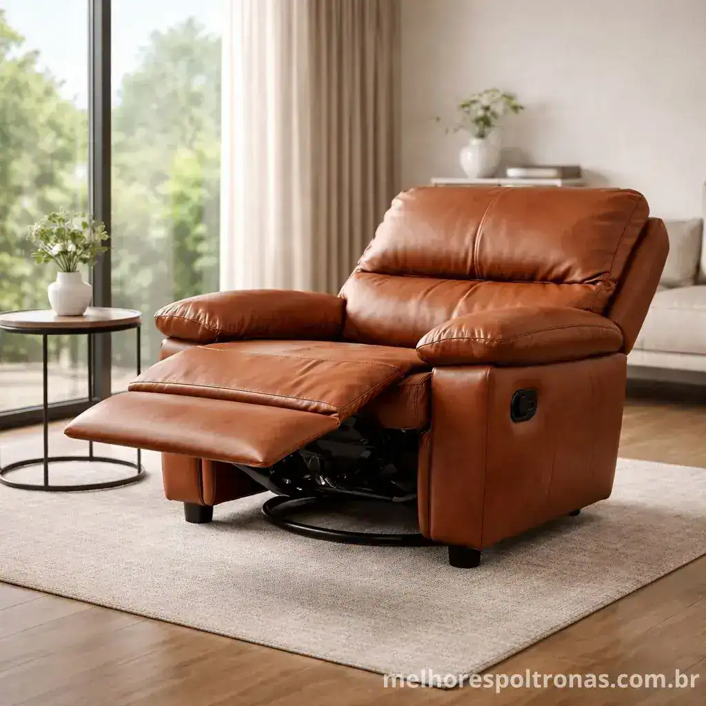 Poltrona do papai de couro reclinável na cor cognac, com apoio para os pés estendido, ideal para assistir TV e relaxar na sala de estar
