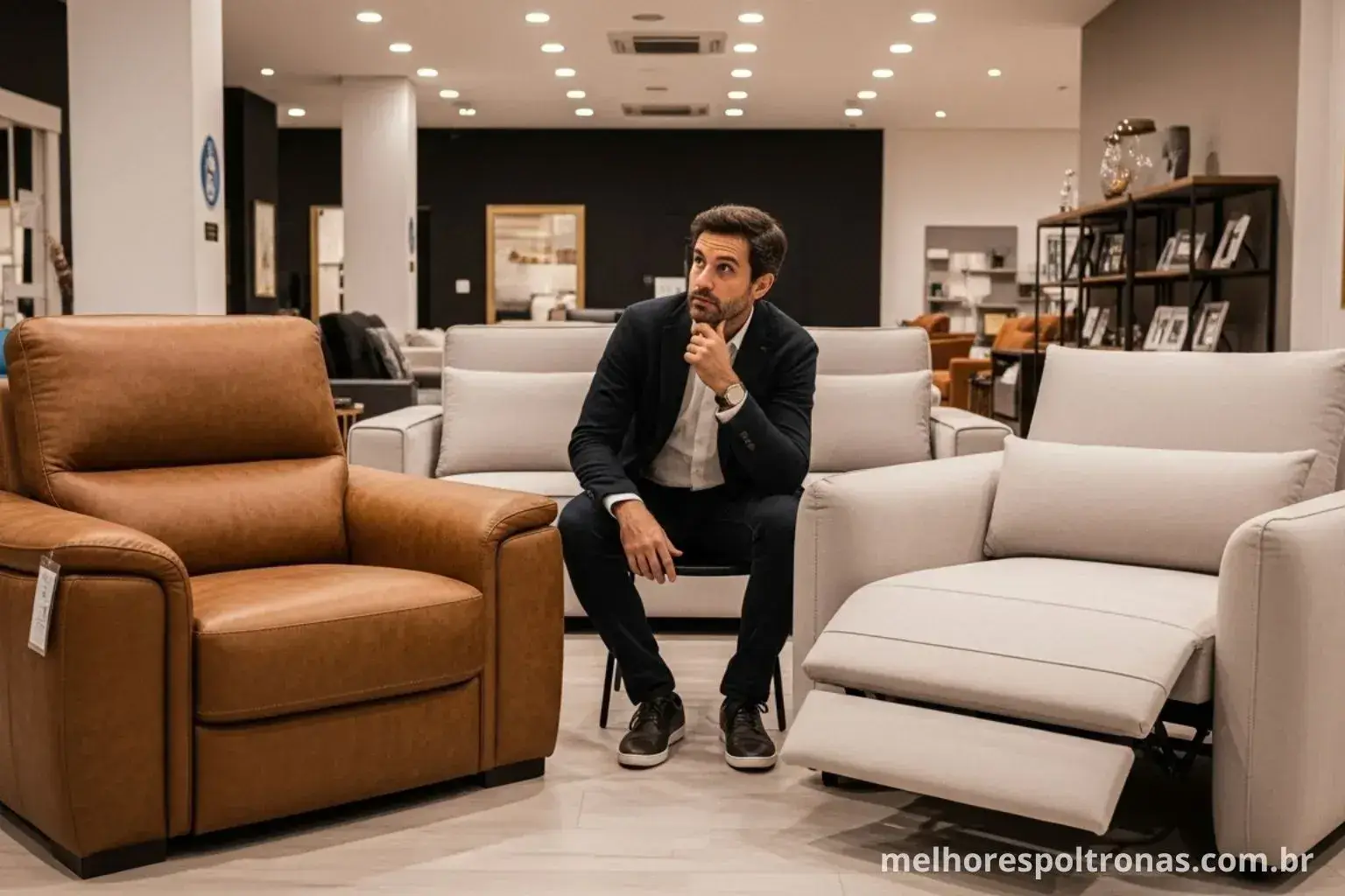 Homem em uma loja comparando uma Poltrona do Papai robusta com uma poltrona reclinável de design, decidindo qual a diferença.