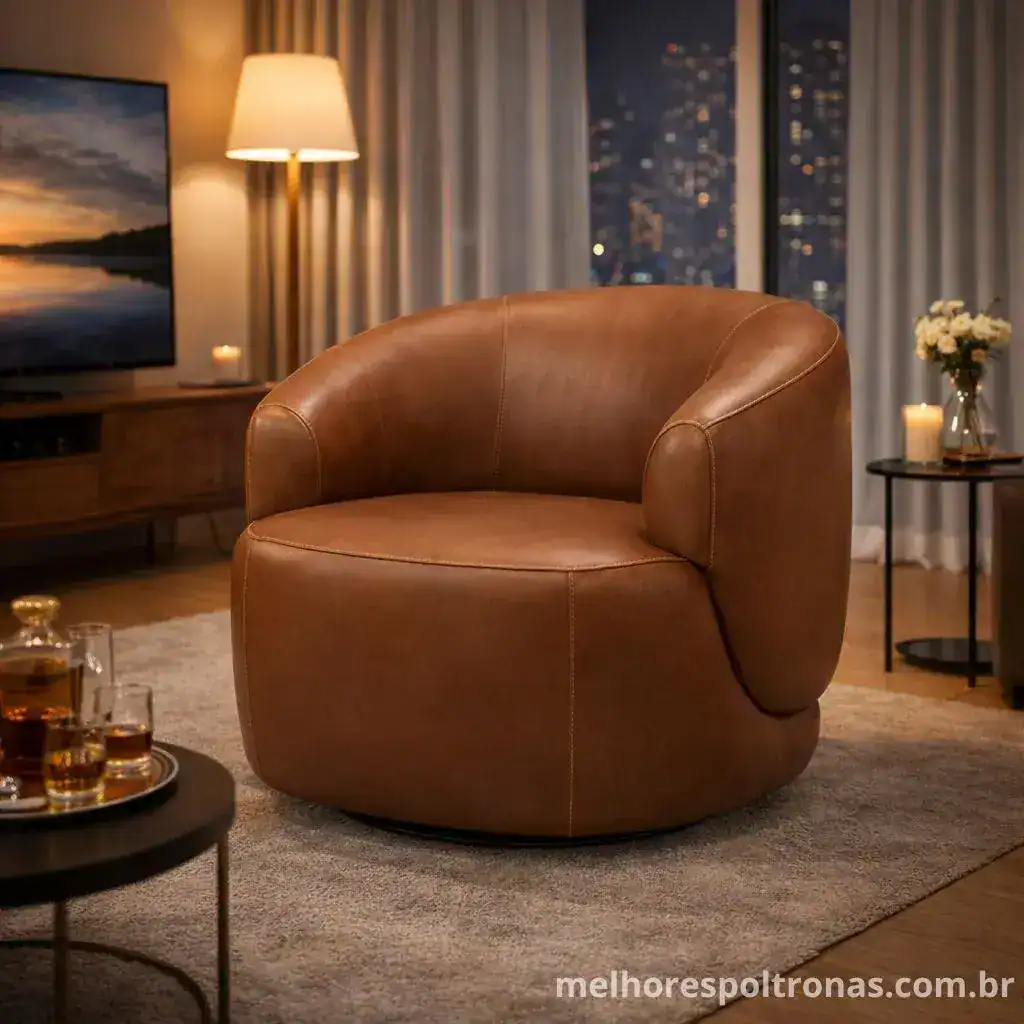 Poltrona giratória em couro marrom com design orgânico e formato arredondado, perfeita para salas modernas e sofisticadas
