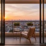 Poltrona de design em uma sacada de apartamento ao pôr do sol, ideias para criar um oásis urbano.