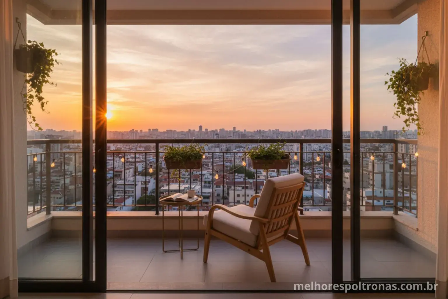 Poltrona de design em uma sacada de apartamento ao pôr do sol, ideias para criar um oásis urbano.