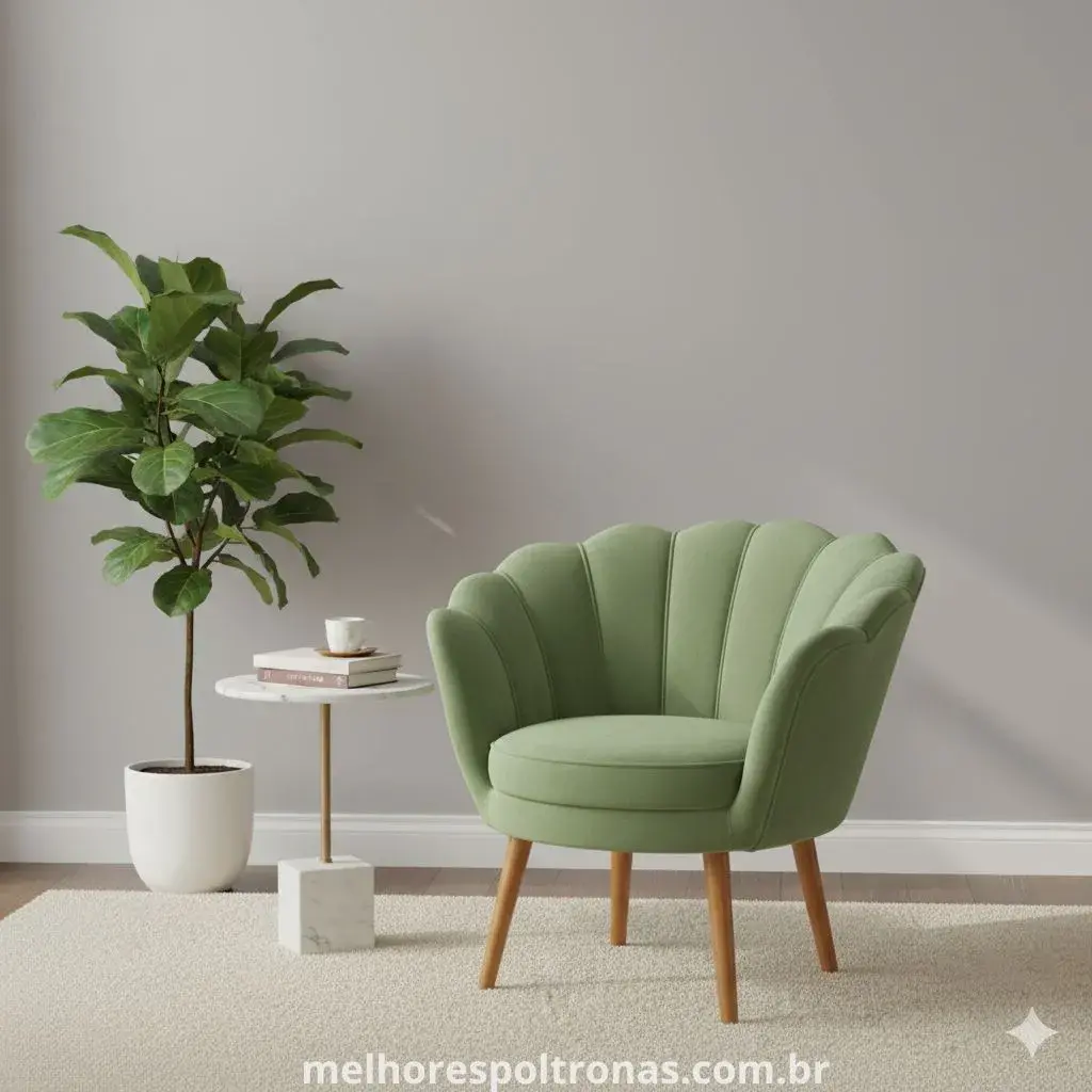 Poltrona Pétala verde em um canto da sala de estar, usada como um ponto de cor e charme na decoração.