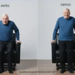 Comparativo de antes e depois mostrando a dificuldade de um idoso para levantar de uma poltrona comum versus a facilidade com uma poltrona que ajuda a levantar (Lift).