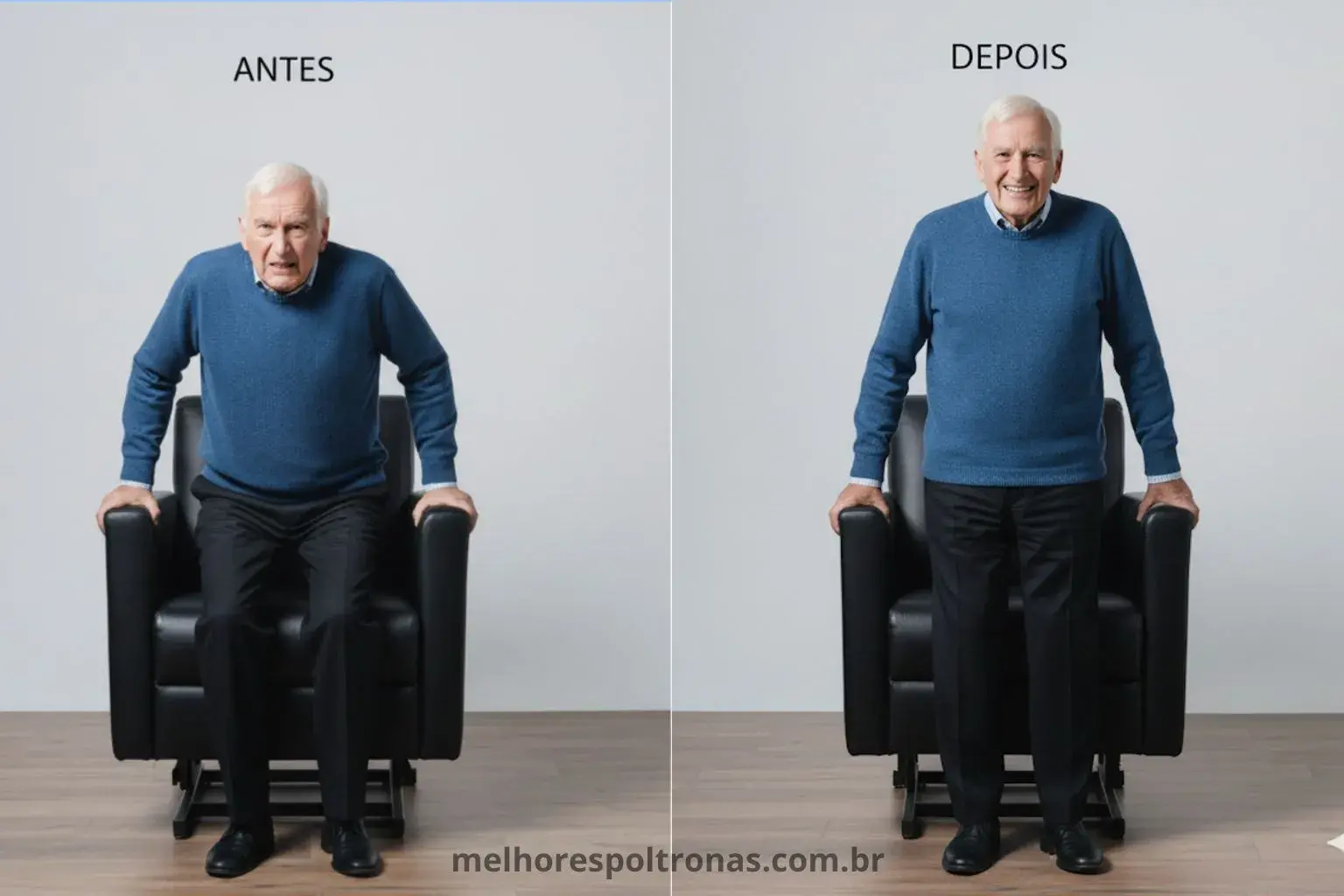 Comparativo de antes e depois mostrando a dificuldade de um idoso para levantar de uma poltrona comum versus a facilidade com uma poltrona que ajuda a levantar (Lift).