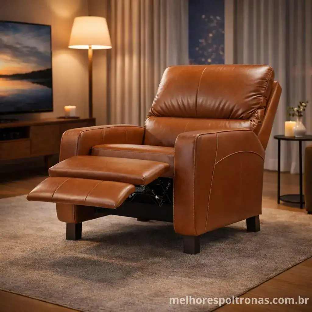 Poltrona reclinável de couro na cor conhaque, com apoio de pés visível e postura ergonômica, perfeita para relaxar e assistir televisão
