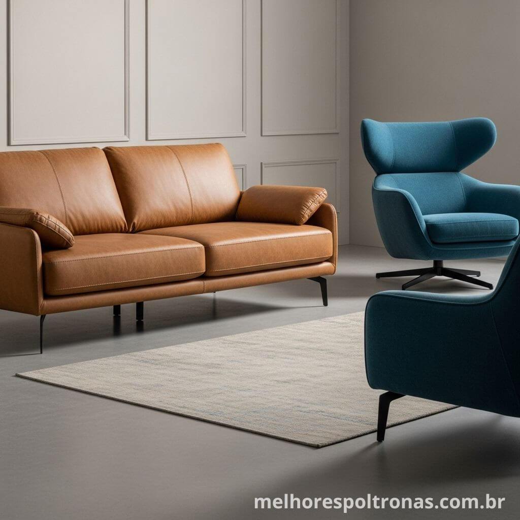 Exemplo de contraste moderno entre um sofá de couro caramelo e poltronas de destaque na cor azul marinho.