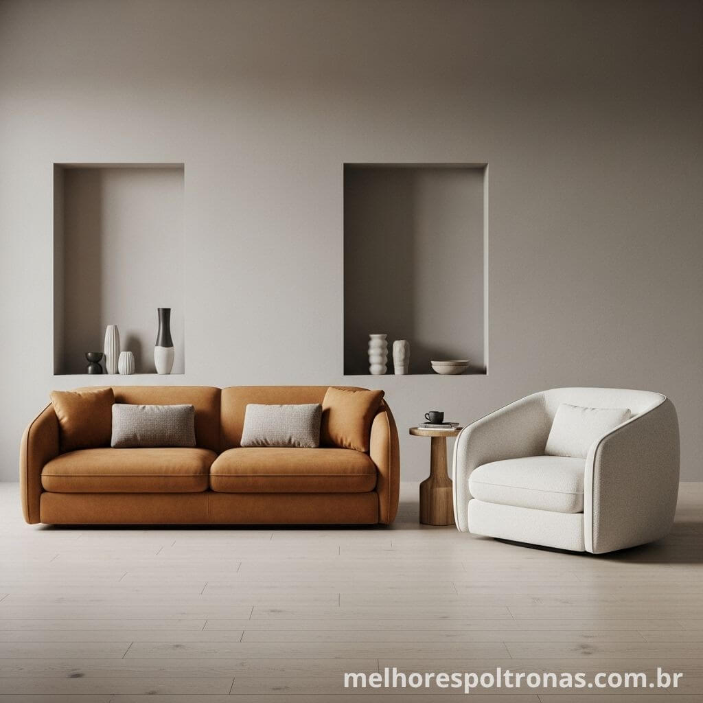 Combinação clássica de um sofá caramelo com uma poltrona decorativa na cor branca (off-white), criando um ambiente sofisticado.