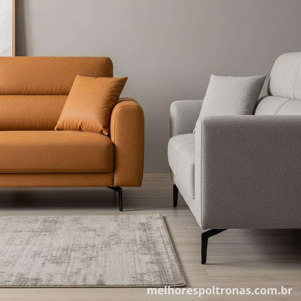 Ideia de decoração sofisticada combinando um sofá de tecido caramelo com uma poltrona de design na cor cinza grafite.