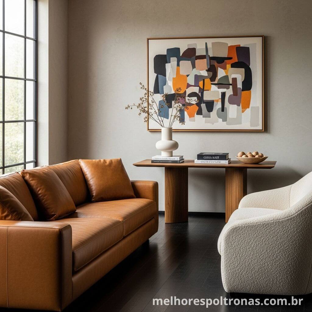 Decoração com combinação monocromática de um sofá caramelo com uma poltrona de tecido bouclé em tom similar.
