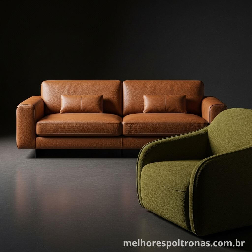 Combinação de tons terrosos com um sofá caramelo e uma poltrona de design na cor verde musgo.
