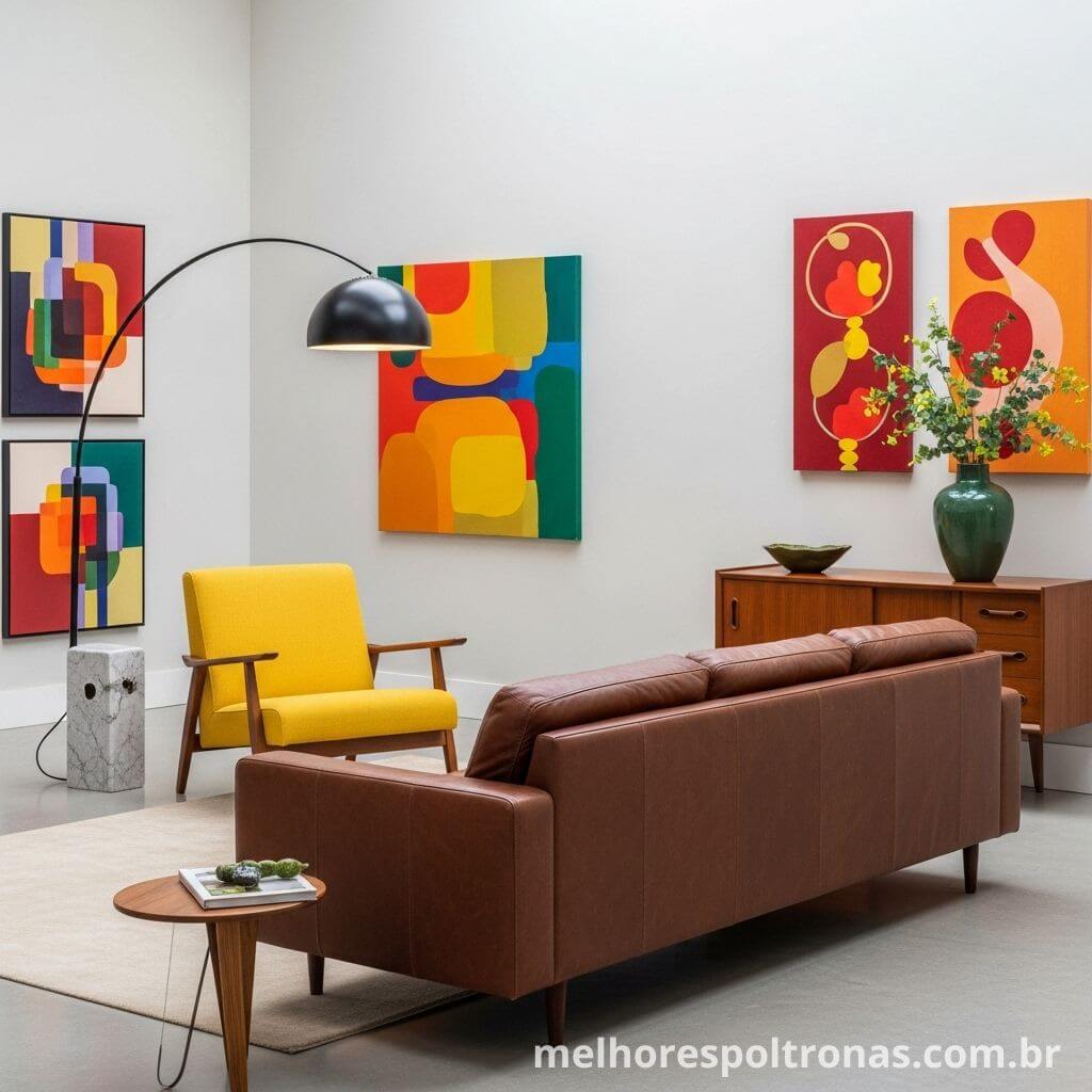 Exemplo de contraste energético entre um sofá de couro marrom e uma poltrona de destaque na cor amarelo mostarda.