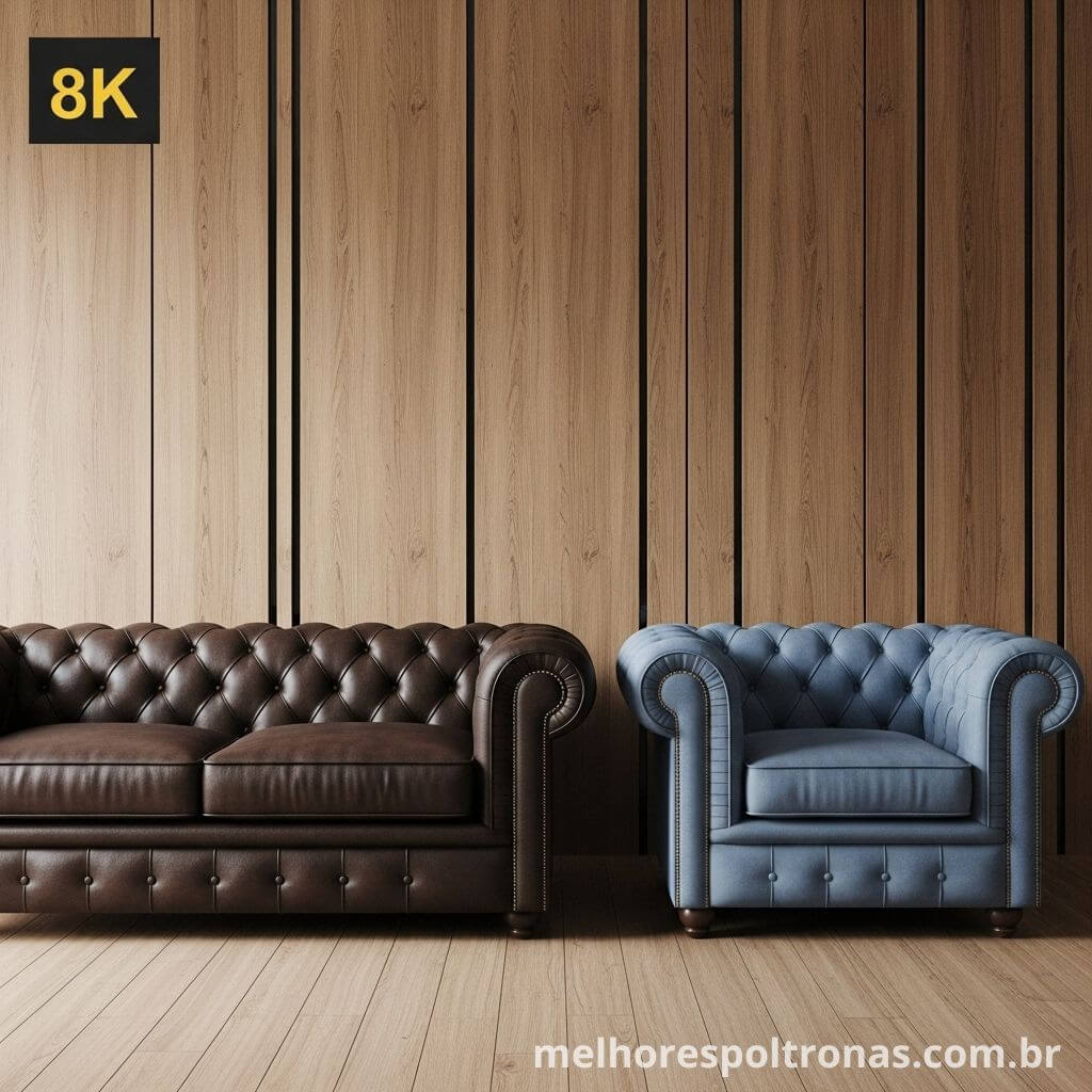 Decoração clássica e equilibrada combinando um sofá de couro marrom com uma poltrona de tecido na cor azul petróleo.