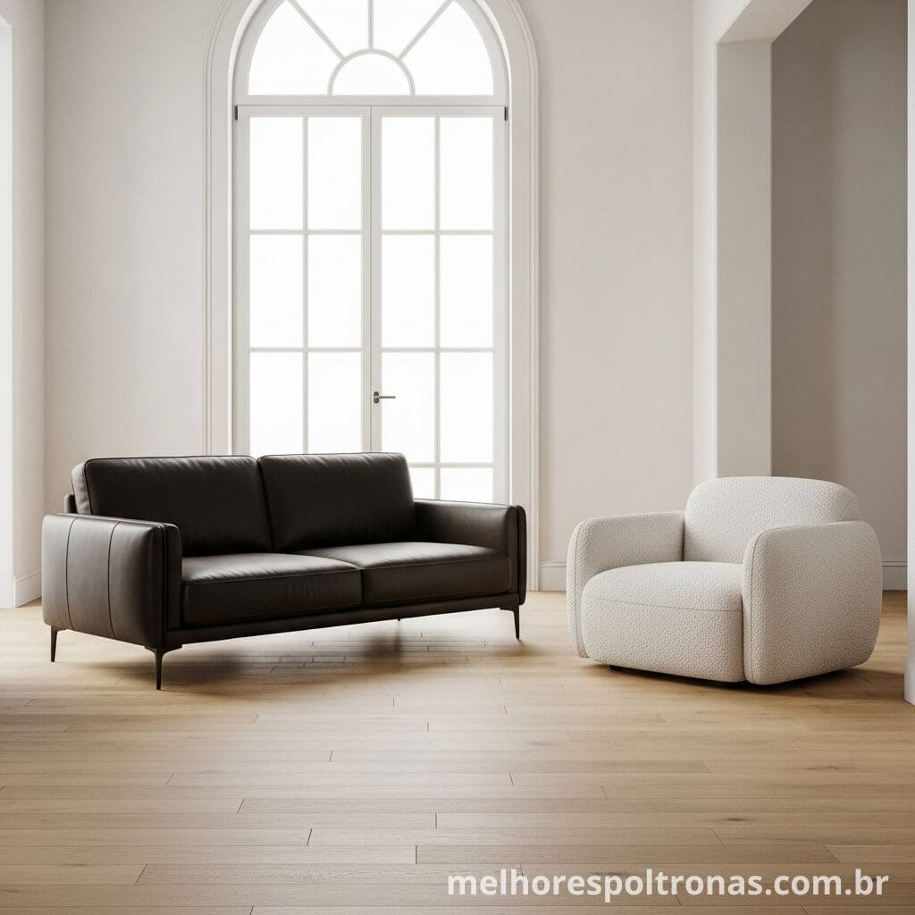Combinação sofisticada de um sofá de couro marrom com uma poltrona decorativa na cor bege (off-white) em linho.