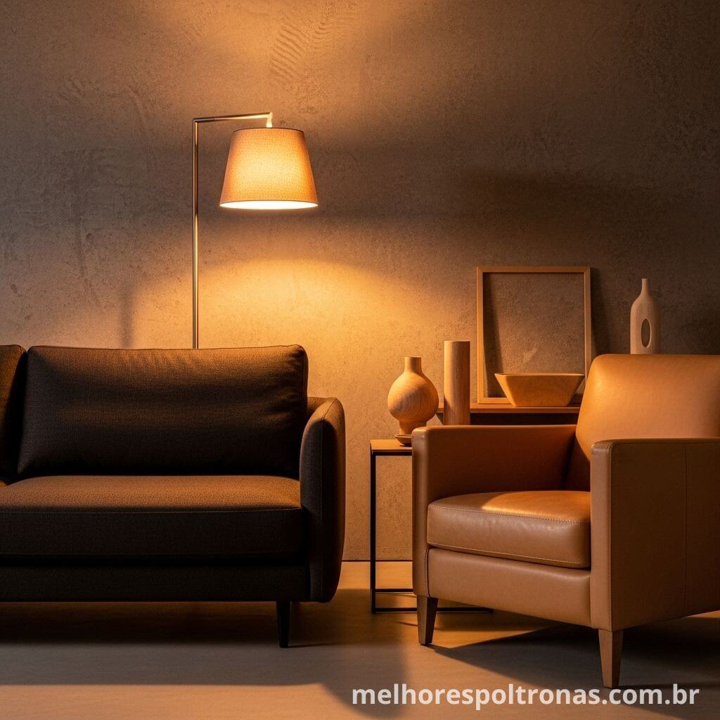 Ideia de decoração monocromática sofisticada combinando um sofá marrom escuro com uma poltrona de couro na cor caramelo.